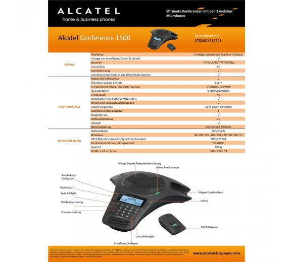 Alcatel Conference 1500, analogue conference phone with 2 mobile DECT microphones, duplex hands-free, illuminated display with caller identification, 5 direct memories (up to 6-8 participants)

