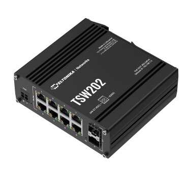 Teltonika TSW202 Industrial managed PoE+ Switch, 8x Gigabit Ethernet + 2 SFP, DIN rail optional