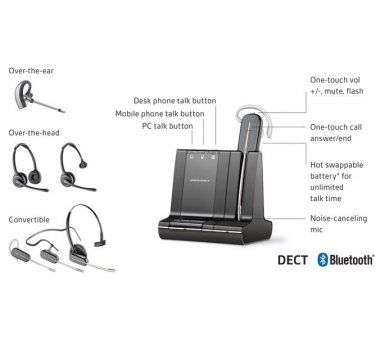 Savi Office W740/A UC Convertible, 3-in-1 DECT-Headset mit individuell anpassbare Trageoptionen: mit Ohrbügel, Kopfbügel oder Hinter-Kopf-Bügel, DECT-Headset & Bluetooth Verbindung zwischen Smartphone (83542-12)