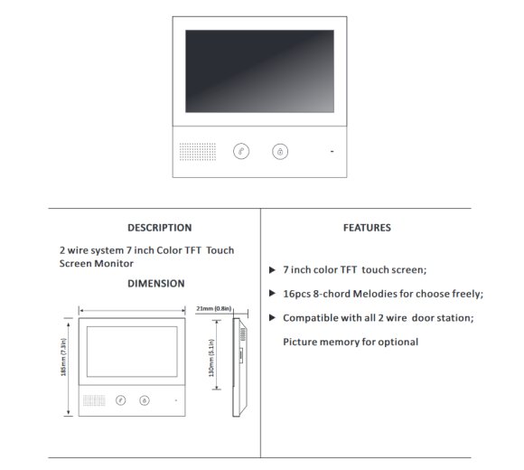 KNX Indoor Monitor (7-Zoll-Touchscreen, Monitor, Sprechen, Alarm, Tür-Offner, 2-Draht-Nichtpolarität)