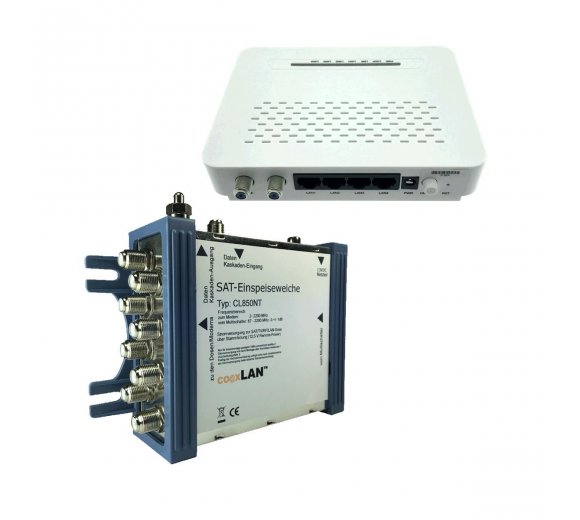 coaxLAN CLM6 Home Master + CL850NT mit Daten und DC Fernspeisung für CL600 Modems hinter SAT-Multischalter für bis 8 Teilnehmer (Stromversorgung über das Koaxkabel)