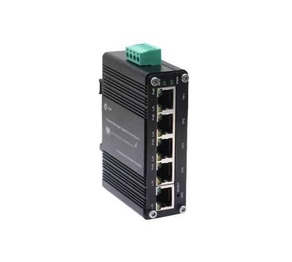 Mini Industrial managed Gigabit PoE+ Switch (4x Port GbE 802.3at + 1x Port GbE)