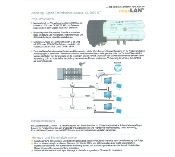 coaxLAN CL1000NT (kaskadierbar), Einspeiseweiche für bis zu 63 Modems LAN Ports bis 500MBit/s