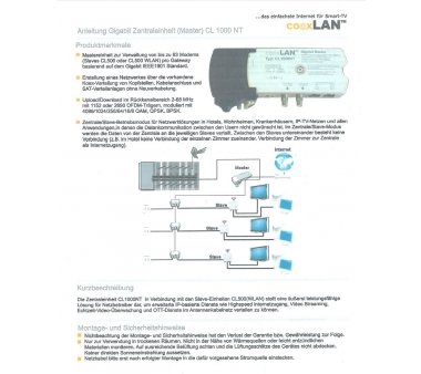 coaxLAN CL1000NT (kaskadierbar), Einspeiseweiche für bis zu 63 Modems LAN Ports bis 500MBit/s