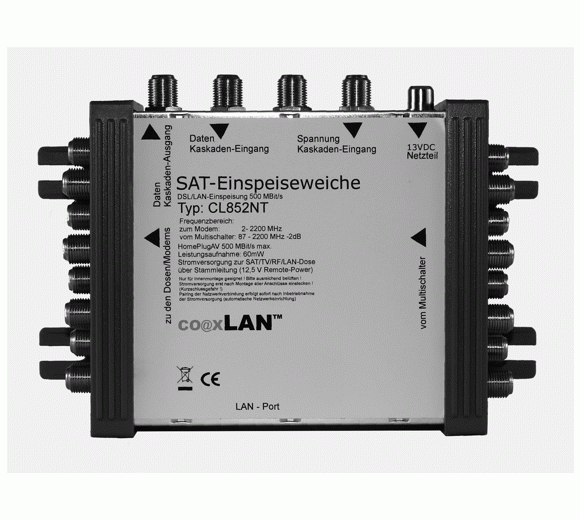 coaxLAN CL852NT (kaskadierbar), Daten und Strom-Einspeiseweiche hinter SAT-Multischalter  für bis 8 Teilnehmer mit 1 LAN Port bis 500MBit/s