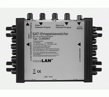 coaxLAN CL852NT (kaskadierbar), Daten und Strom-Einspeiseweiche hinter SAT-Multischalter  für bis 8 Teilnehmer mit 1 LAN Port bis 500MBit/s