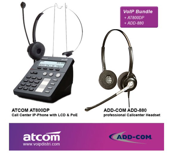 ATCOM AT800DP Call Center IP-Telefon mit EU Netzteil, PoE-in + ADD-COM ADD-880 Zwei-Ohr-Headset