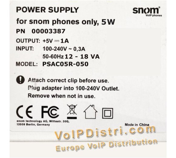 +5V/1A EU power supply for Snom, Yealink, Tiptel IP phone, depending on the model (Model PSAC05R-050)