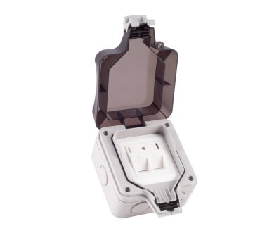 Outdoor surface-mounted enclosure with integrated Keystone holder frame and hinged cover, IP66 protection class