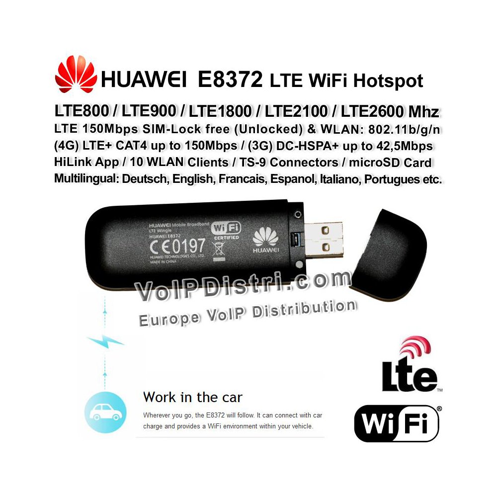 Unlocked Huawei E8372h-608 4G LTE Car WIFI USB Dongle 150Mbps TS9 Antenna Free 