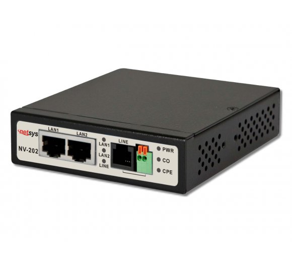 Netsys NV-202 Ethernet Extender, VDSL2 Modem with Master/Slave DIP Switch; VDSL2 Bridge bis zu 100MBit, 12V/1A DC inkl. Stromnetzteil