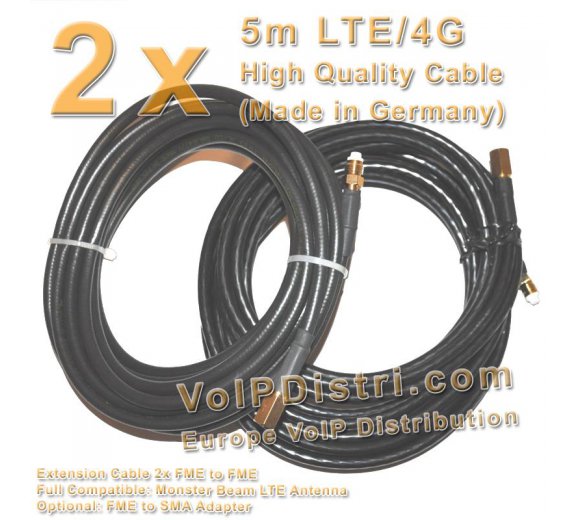 Proffesional 2xFME-FME/K-5 5m LTE/4G Verlängerungskabel (gute Qualität: Made in Germany), Anschluss-Kabel 2xFME-FME (Optional: FME-SMA LTE-Router Adapter)