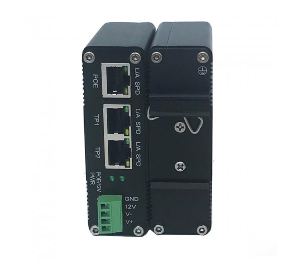 Industrie PoE Splitter (IEEE802.3af/at Standard) mit 2 Port Switch, 12VDC Stromversorgung
