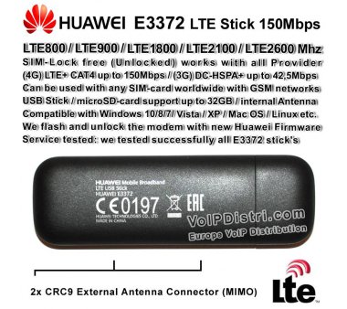 Huawei E3372 LTE 4G Surfstick 150 MBit/s, SIM-Lock free UNLOCKED mit CRC-9 Antennen-Anschlüsse