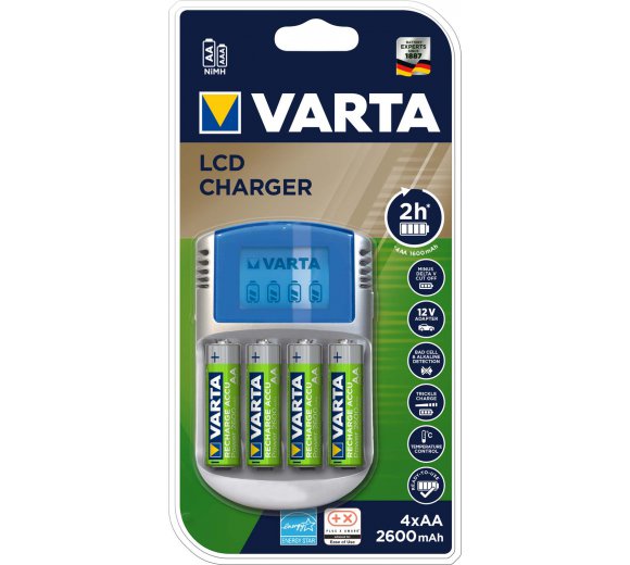 VARTA LCD Charger für AA / AAA Akkus, incl. 12V Adapter, USB-Kabel und 4 AA wiederaufladbare Batterien