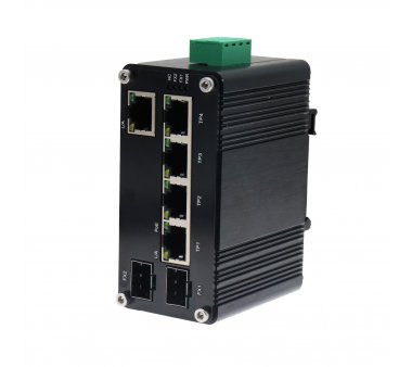 Industrial PoE-powered 5-port Gigabit + 2-port SFP Ethernet switch with PoE pass-through