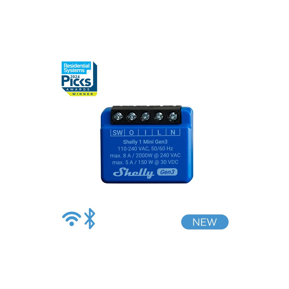 Shelly 1 Mini Gen 3 | WiFi & Bluetooth Smart Switch Relay 1 Channel 8A |  Home Automation | Compatible with Alexa & Google Home | iOS Android App |  No