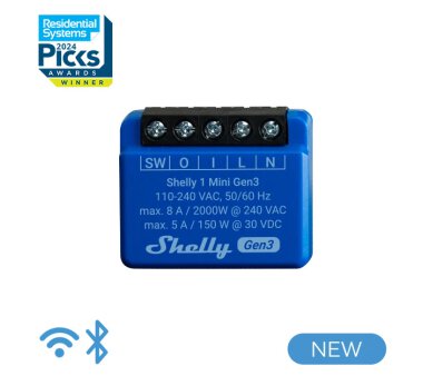 Shelly 1 Mini Gen3 WLAN & Bluetooth gesteuertes Unterputz Relais, 1 Kanal 8A