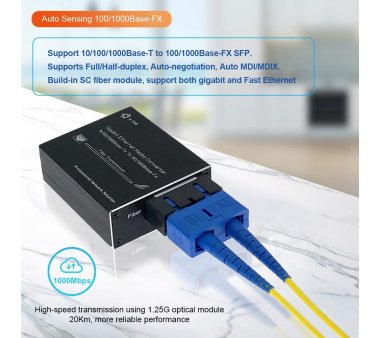 Microtype Gigabit RJ45 auf SC Glasfaser Konverter, Multimode, 850nm, bis 550m, mit USB-C Netzteil