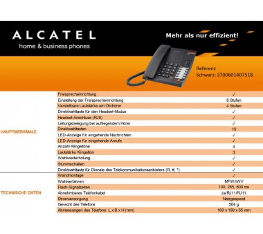 ALCATEL Temporis 380, Analog phone with direct memory keys, handsfree feature, direct call pickup key in headset mode, Wall mounting, Incoming call and message waiting lamp indicators (Color: black)
