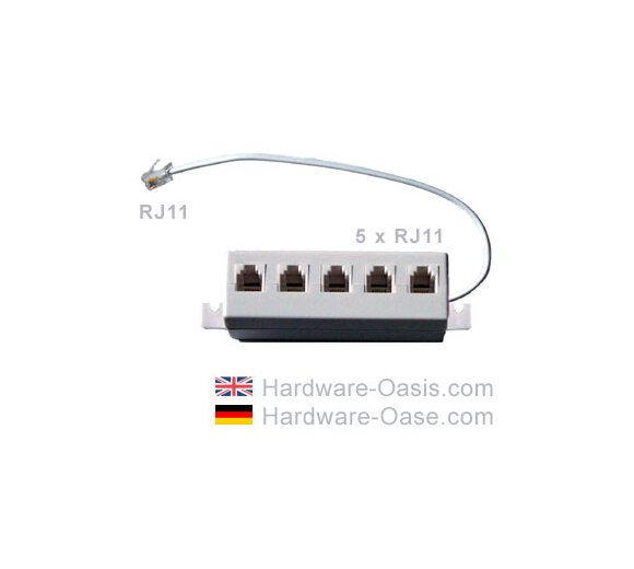 5x Splitter RJ11 Socket to short cable (about 10cm) with RJ11 plug, color white, bracket for wall mounting