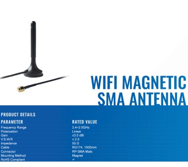 Teltonika WiFi antenna 2dBi magnetic type with 1.5m cable...