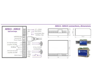 Tema AD612 IP SIP PoE 40W (2x20W) Audioverstärker & Multifunktionsschnittstelle, 2 Audioausgänge für passive Lautsprecher, SIP-Relais