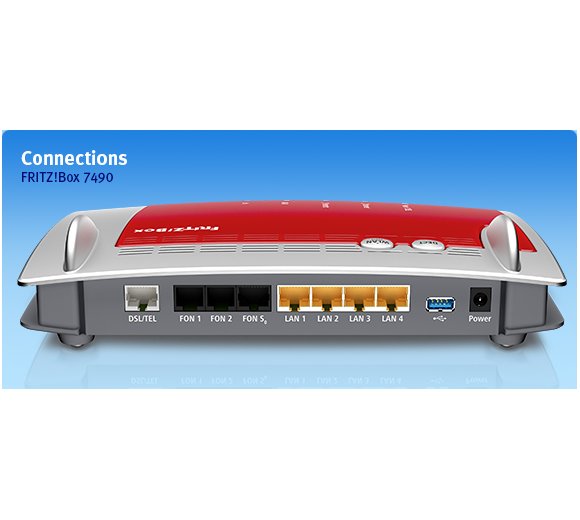 AVM FRITZ!Box 7490 Wireless AC, Gigabit, VDSL and ADSL2+ vectoring Annex A or Annex B, Telephone system for ISDN, IP and analog, including answering machine and fax function, DECT base station