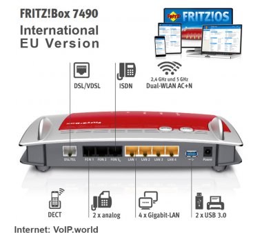 AVM FRITZ!Box 7490 Wireless AC, Gigabit, VDSL and ADSL2+ vectoring Annex A or Annex B, Telephone system for ISDN, IP and analog, including answering machine and fax function, DECT base station