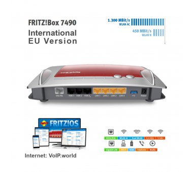 AVM FRITZ!Box 7490 Wireless AC, Gigabit, VDSL and ADSL2+ vectoring Annex A or Annex B, Telephone system for ISDN, IP and analog, including answering machine and fax function, DECT base station