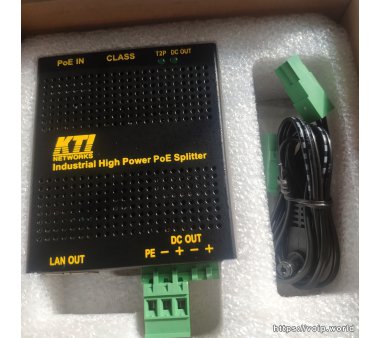 KTI KPW-T2P25-12V industry Gigabit Power over Ethernet splitter (IEEE802.3at) on DIN rail in the extreme temperature range -20 to 70 degrees, 12VDC power output