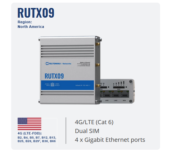 Teltonika RUTX09 4G LTE Cat6 Industrieller Mobilfunk-Router, Dual SIM Slot (Nordamerika)