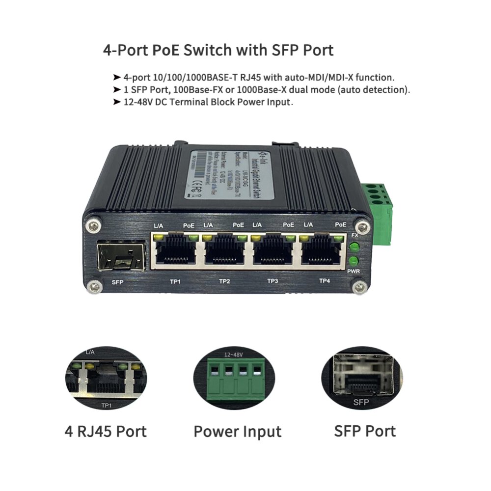Din-Rail Industrial Gigabit PoE Ethernet Switch,12~48VDC Power Booster (4x  Port 10/100/1000T 802.3at PoE + 1x Port 100/1000X SFP)