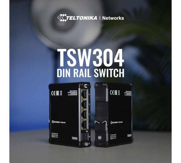 Teltonika TSW304 unmanged Gigabit Switch (IEEE 802.3, 802.3au, 802.3az) with built-in DIN rail mount and PoE (passive) or 2-pin socket connector (7-57 VDC / 9-40 VAC)