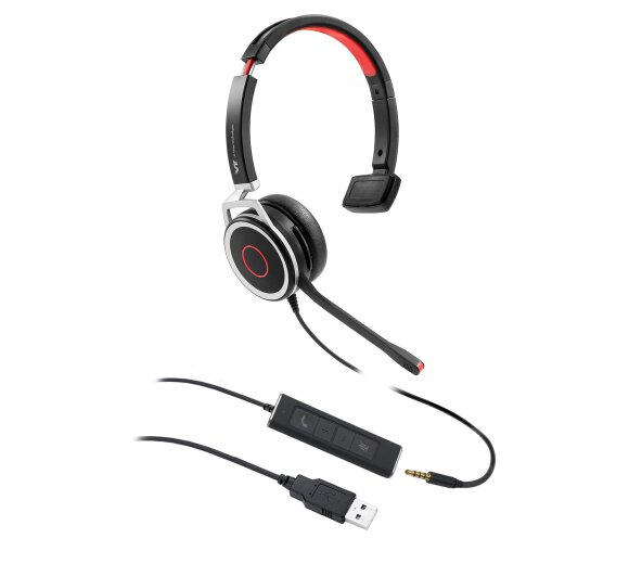 VT X208 UC Headset Mono mit Audio-Bedienfeld (Annehmen / Beenden, Stummschaltung, Lautstärkeeinstellungen) auf USB-A Anschluss & 3,5mm Klinke