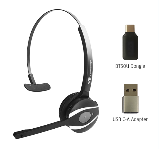 VT9200BT Mono Bluetooth Headset + BT50U USB-C dongle + Type A adapter