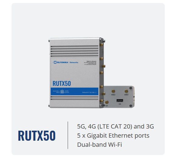 Teltonika RUTX50 Industrial 5G + LTE CAT20 Cellular Router (WiFi 6, Bluetooth, GNSS , Gigabit Ethernet, Dual SIM)