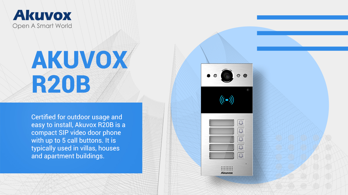 Akuvox R20B Certified for outdoor usage and easy to install, Akuvox R20B is a compact SIP video door phone with up to 5 call buttons. It is typically used in villas, houses and apartment buildings.