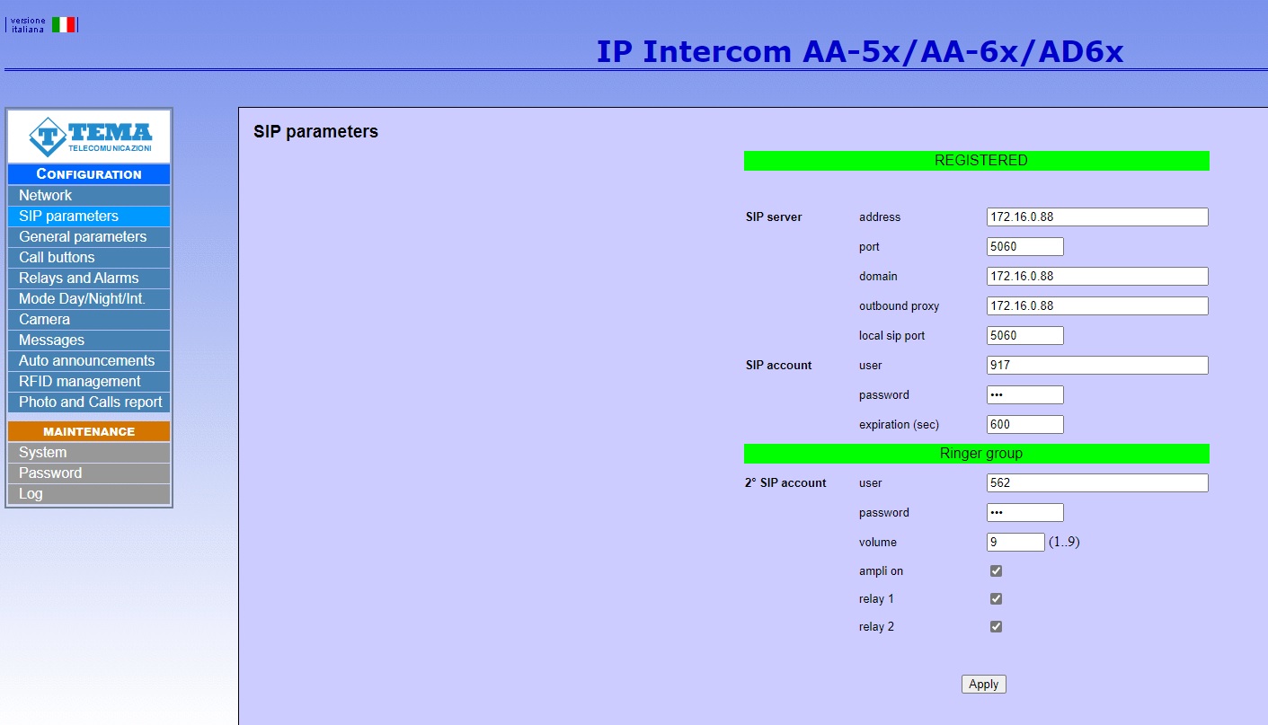 The Tema AA-15IP, AD611, AD612 SIP relay module registers as a SIP client on a VoIP telephone system and when an incoming call is received, it switches 2 integrated relay switching contacts. This is used, for example, for a remote door bell or a barrier opening by call.